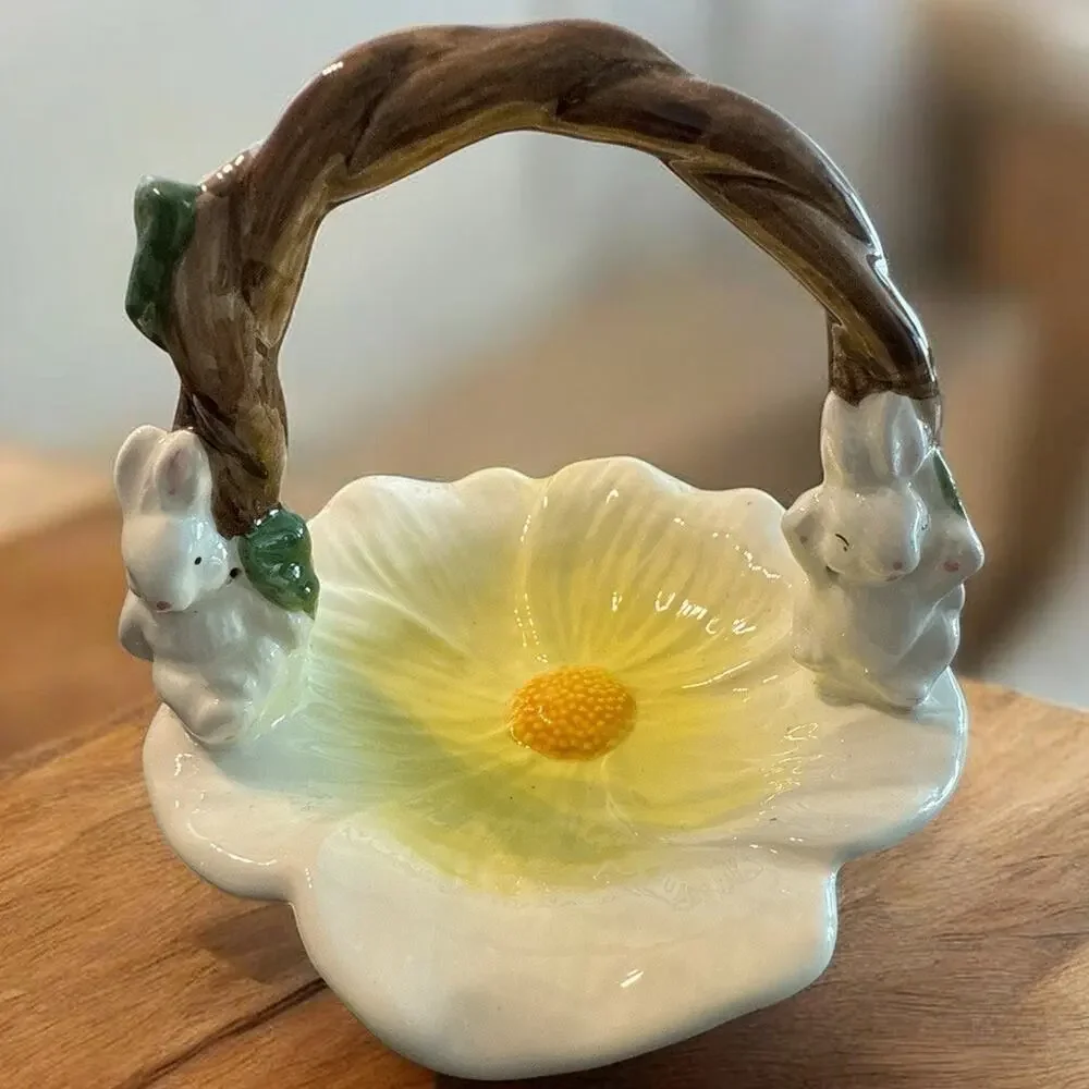 Ceramic Decorative Basket Floral Bunny Handle White Yellow Glossy China 5”